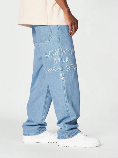 Calça Denim reta com bordado